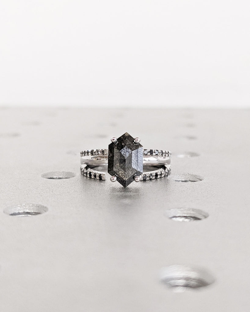 Hexagon Salt and Pepper Diamond Ring Set, 14K Solid Gold Engagement Ring Set, Open Wedding Bands, Handmade Art Deco Bridal Ring Set image #1
