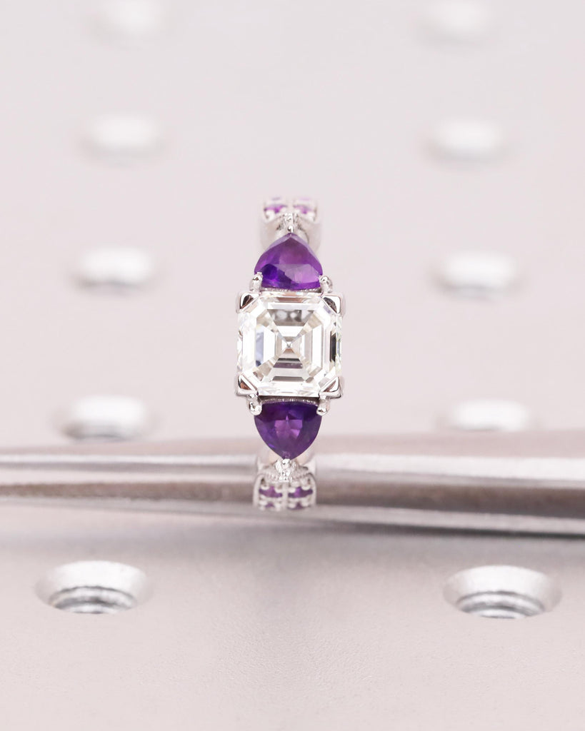 Asscher Lab Grown Diamond Ring with Purple Amethyst Trillion Side Stones, 14k Gold Art Deco Engagement Ring, 3 Stone Ring, Handmade Jewelry image #10