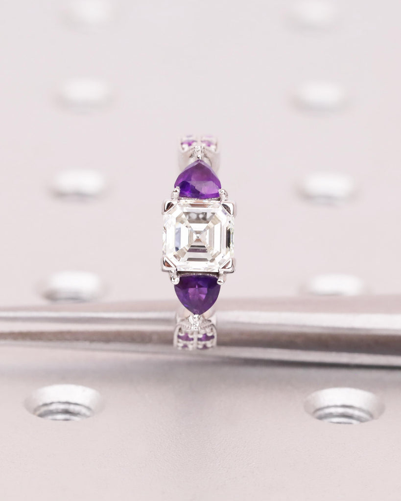 Asscher Diamond 14K White Gold Engagement Ring / Lab Diamond & Natural Amethyst Ring / Art Deco Wedding Ring / February Birthstone Jewelry image #8