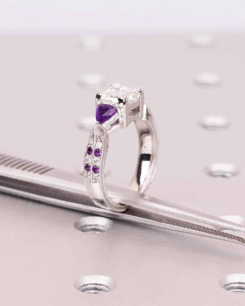 Asscher Moissanite 14K White Gold Engagement Ring / Moissanite & Natural Amethyst Ring / Art Deco Wedding Ring / February Birthstone Jewelry image #9