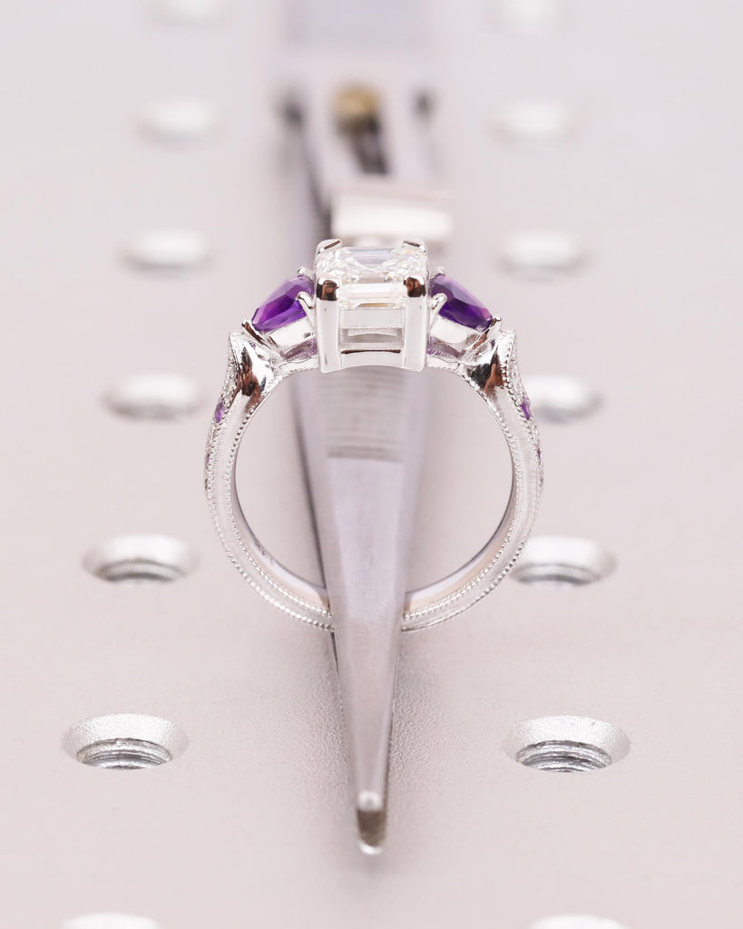 Asscher Moissanite Ring with Purple Amethyst Trillion Side Stones | 14k Gold Art Deco Engagement Ring | 3 Stone Ring | Milgrain Wedding Ring image #11