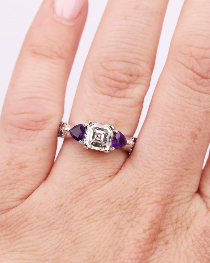 Asscher Moissanite Ring with Purple Amethyst Trillion Side Stones | 14k Gold Art Deco Engagement Ring | 3 Stone Ring | Milgrain Wedding Ring image #3