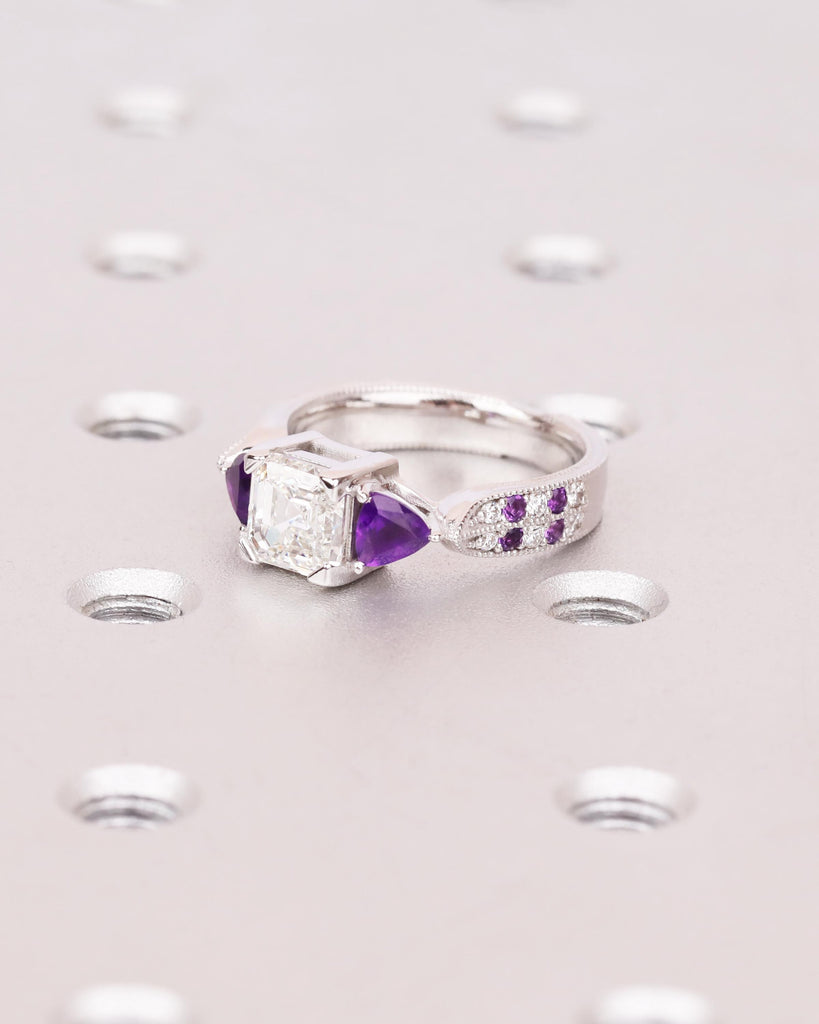 Asscher Moissanite Ring with Purple Amethyst Trillion Side Stones | 14k Gold Art Deco Engagement Ring | 3 Stone Ring | Milgrain Wedding Ring