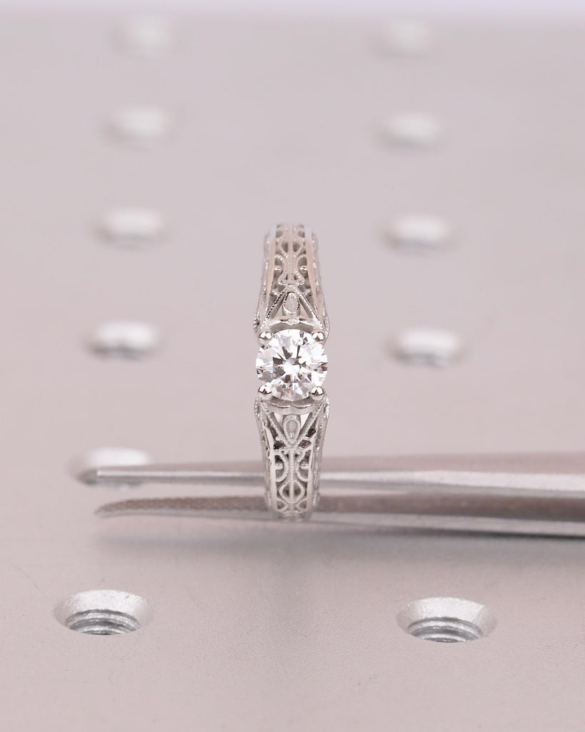 Moissanite Solitaire Engagement Ring, Women's Platinum Ring, Scrollwork Handmade Vintage Jewelry image #13