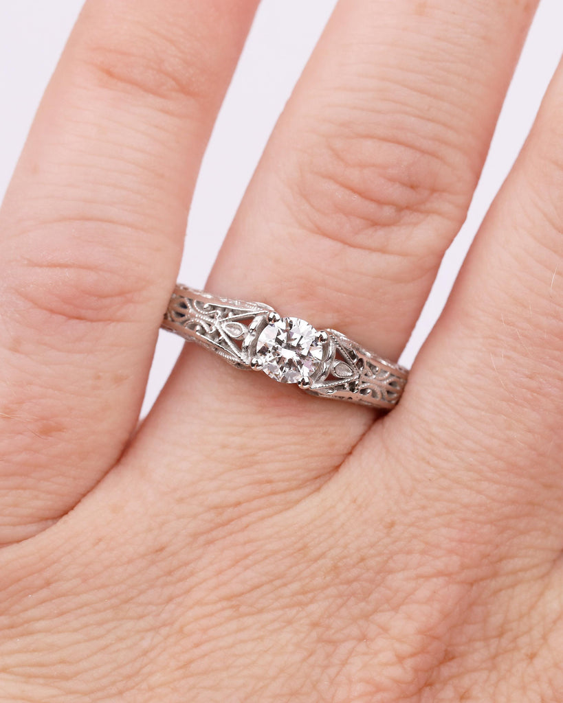 Vintage Wedding Ring, Round Moissanite Engagement Ring, Art Deco Platinum Filigree Edwardian Promise Rings for Her, Unique Heirloom Jewelry image #10