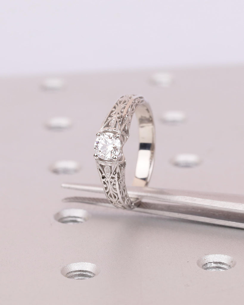 Vintage Style Lab Diamond Engagement Ring, Platinum Filigree Ring, Antique jewelry image #9