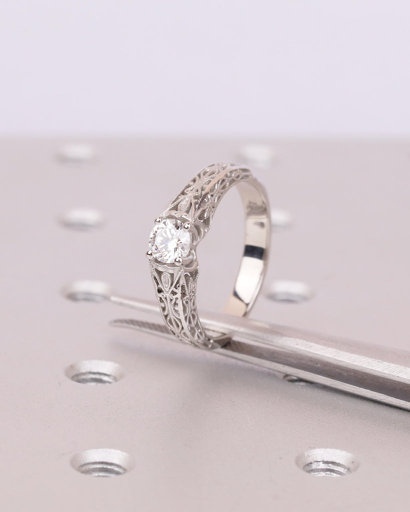 Vintage Style Lab Diamond Engagement Ring, Platinum Filigree Ring, Antique jewelry image #12