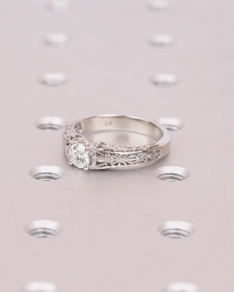 Vintage Style Lab Diamond Engagement Ring, Platinum Filigree Ring, Antique jewelry image #4