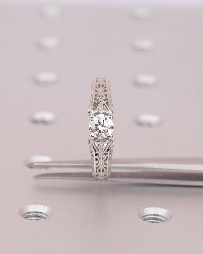 Vintage Style Lab Diamond Engagement Ring, Platinum Filigree Ring, Antique jewelry image #5
