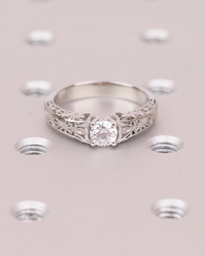 Round Lab Grown Diamond Vintage Engagement Ring, Antique Style Platinum Ring, Scrollwork Solitaire Wedding Anniversary Rings for Women image #17