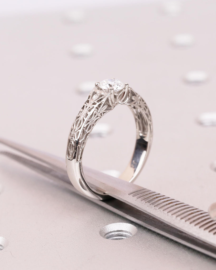 Vintage Style Lab Diamond Engagement Ring, Platinum Filigree Ring, Antique jewelry image #20