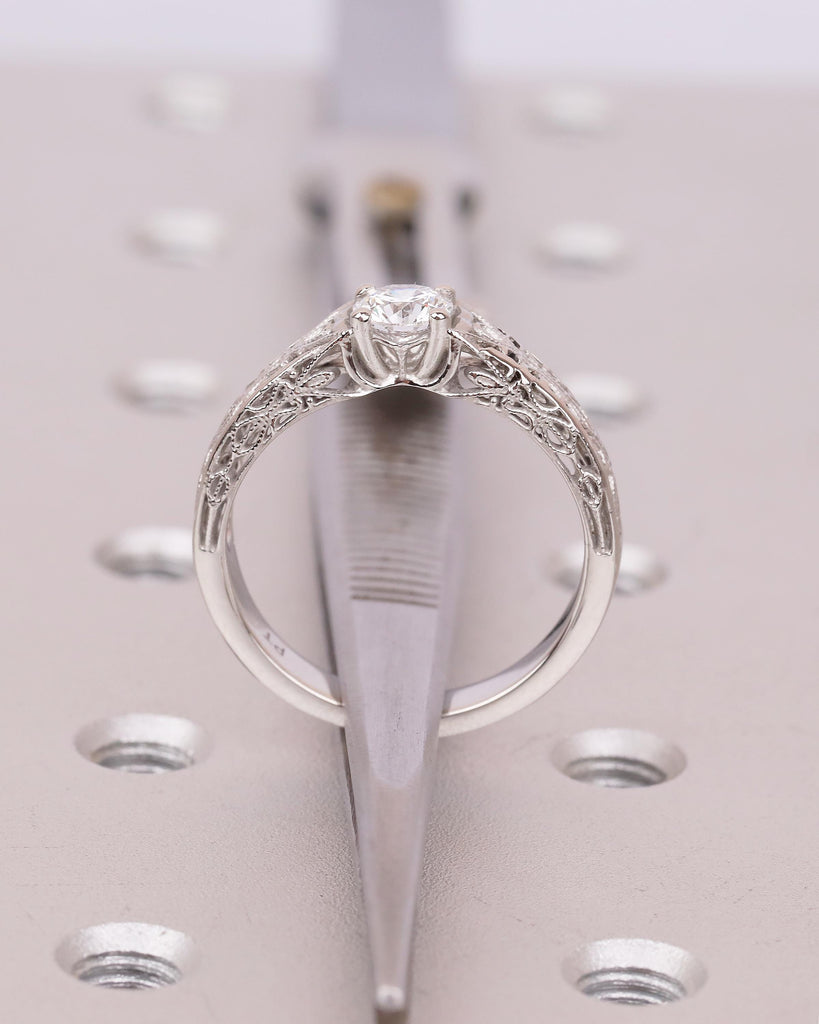 Vintage Style Lab Diamond Engagement Ring, Platinum Filigree Ring, Antique jewelry image #7