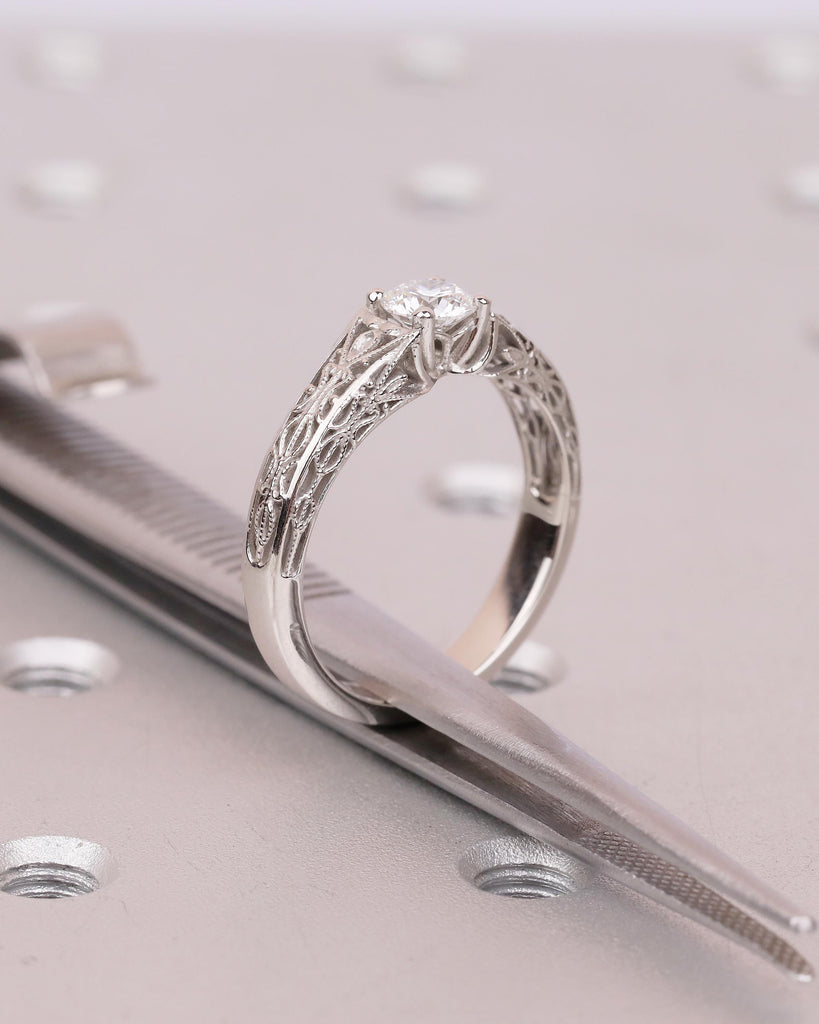 Round Lab Grown Diamond Vintage Engagement Ring, Antique Style Platinum Ring, Scrollwork Solitaire Wedding Anniversary Rings for Women image #16