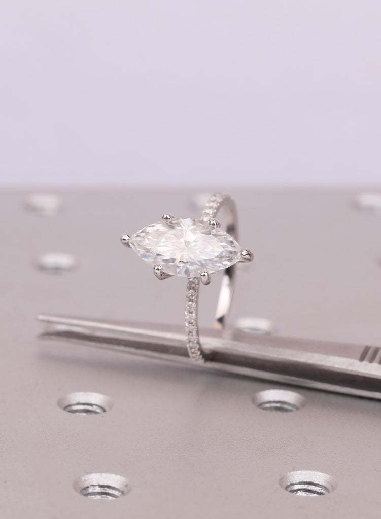 14K Gold Marquise Moissanite Engagement Ring Set, Diamond Pave Band, Custom Ring, Wedding Jewelry image #17