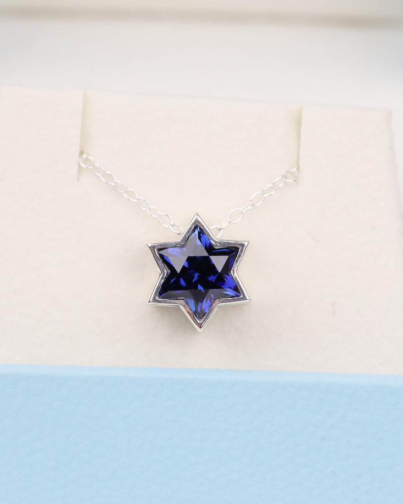 Blue Sapphire Jewish Star Necklace, Magen David Silver Pendant, Birthstone Jewelry image #10