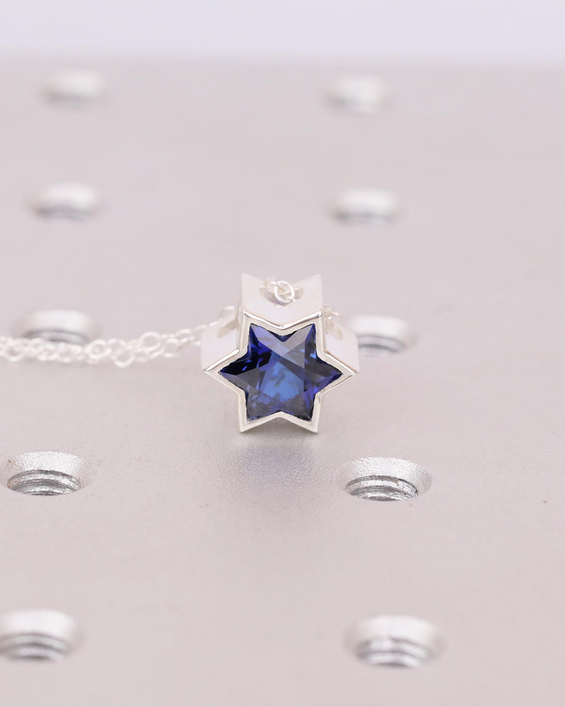 Blue Sapphire Jewish Star Necklace, Magen David Silver Pendant, Birthstone Jewelry image #4