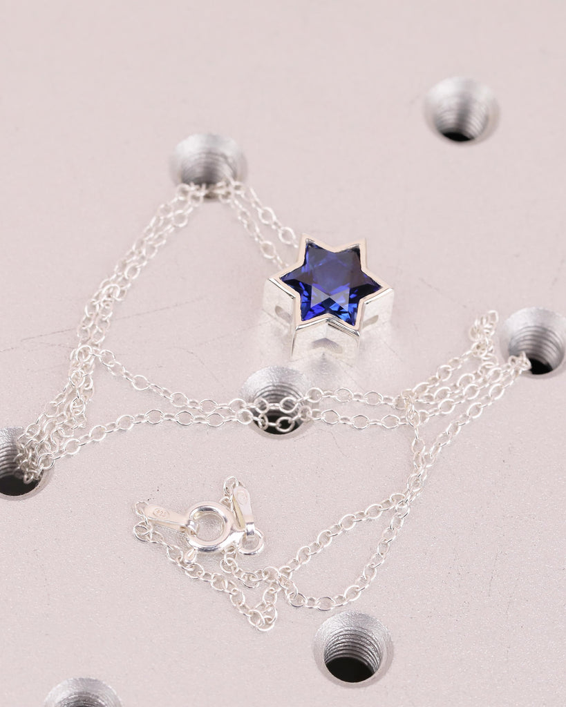 Blue Sapphire Jewish Star Necklace, Magen David Silver Pendant, Birthstone Jewelry image #9