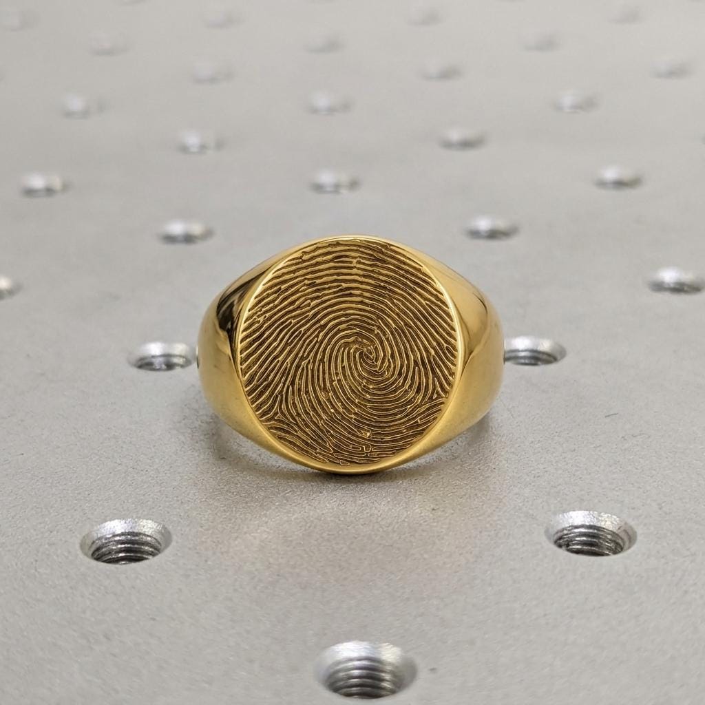 Actual Fingerprint Ring, Custom Engraved Gold Signet Ring, Personalized Fingerprint Band, Fingerprint Jewelry, Birthday Gift, Christmas Gift image #2