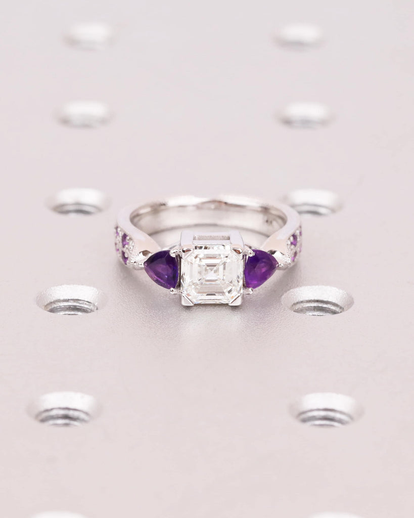 Asscher Diamond 14K White Gold Engagement Ring / Lab Diamond & Natural Amethyst Ring / Art Deco Wedding Ring / February Birthstone Jewelry image #1