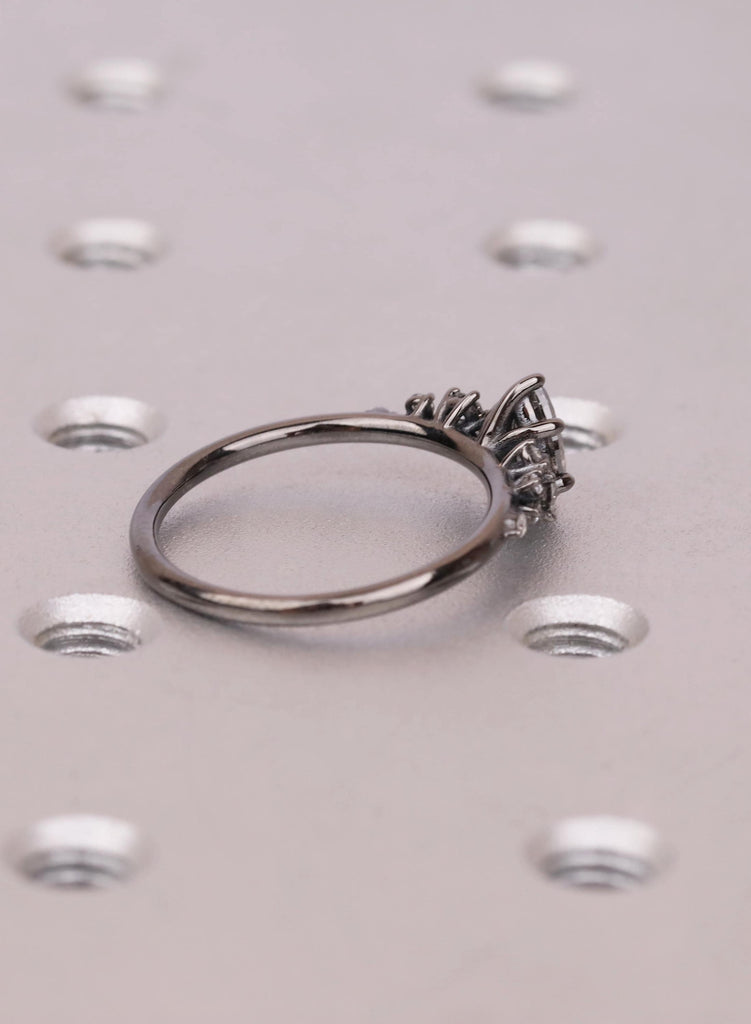 Dark Salt and Pepper Pear Cut Diamond Ring, Black Gold Cluster Band, Engagement Jewelry image #5