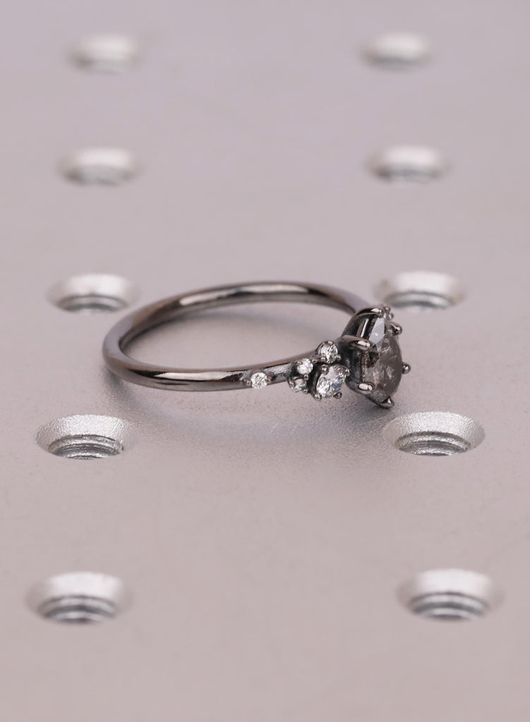 Vintage Pear Cut Salt and Pepper Diamond Engagement Ring, Black Gold Snowdrift Diamond Cluster Bridal Ring, 925 Silver, 14K 18K Solid Gold image #4