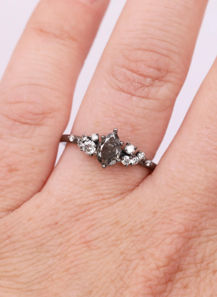 Dark Salt and Pepper Pear Cut Diamond Ring, Black Gold Cluster Band, Engagement Jewelry image #3
