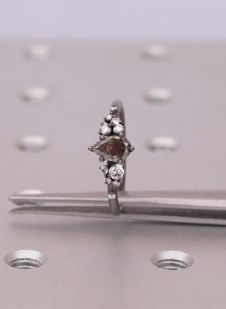 Vintage Pear Cut Salt and Pepper Diamond Engagement Ring, Black Gold Snowdrift Diamond Cluster Bridal Ring, 925 Silver, 14K 18K Solid Gold image #10