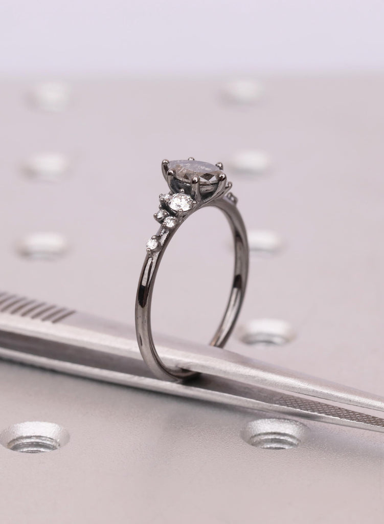 Vintage Pear Cut Salt and Pepper Diamond Engagement Ring, Black Gold Snowdrift Diamond Cluster Bridal Ring, 925 Silver, 14K 18K Solid Gold image #12