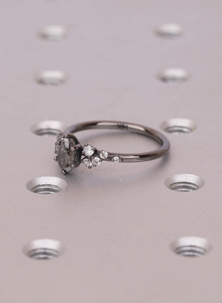 Vintage Pear Cut Salt and Pepper Diamond Engagement Ring, Black Gold Snowdrift Diamond Cluster Bridal Ring, 925 Silver, 14K 18K Solid Gold image #8