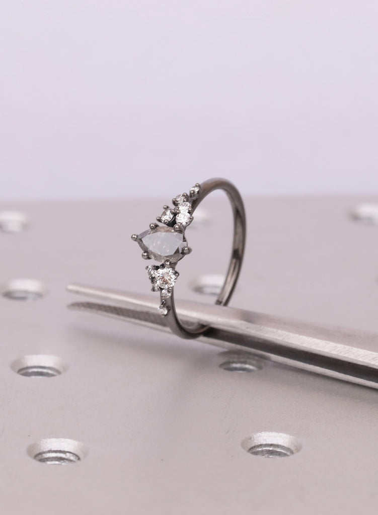 Vintage Pear Cut Salt and Pepper Diamond Engagement Ring, Black Gold Snowdrift Diamond Cluster Bridal Ring, 925 Silver, 14K 18K Solid Gold image #1