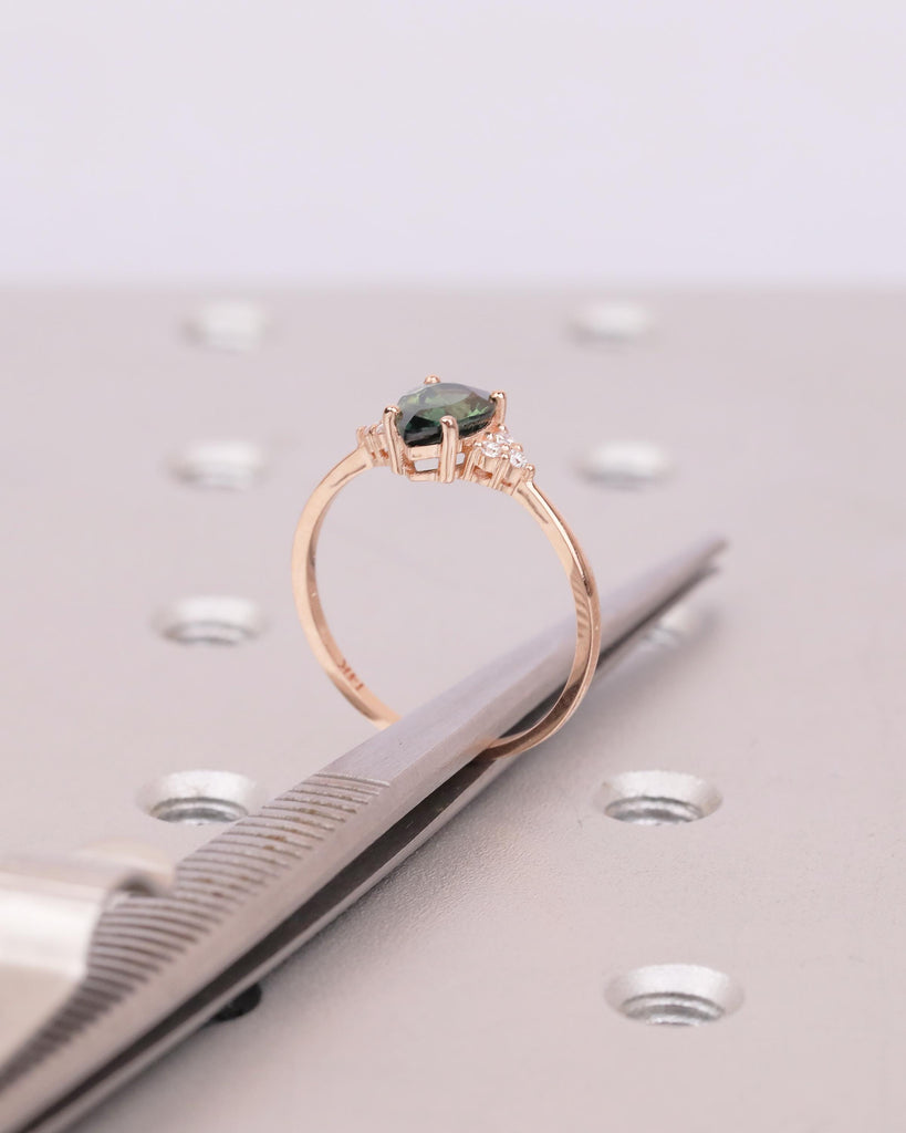 Vintage 14k Rose Gold Blue Green Sapphire Ring, Pear Shaped Engagement Ring image #11