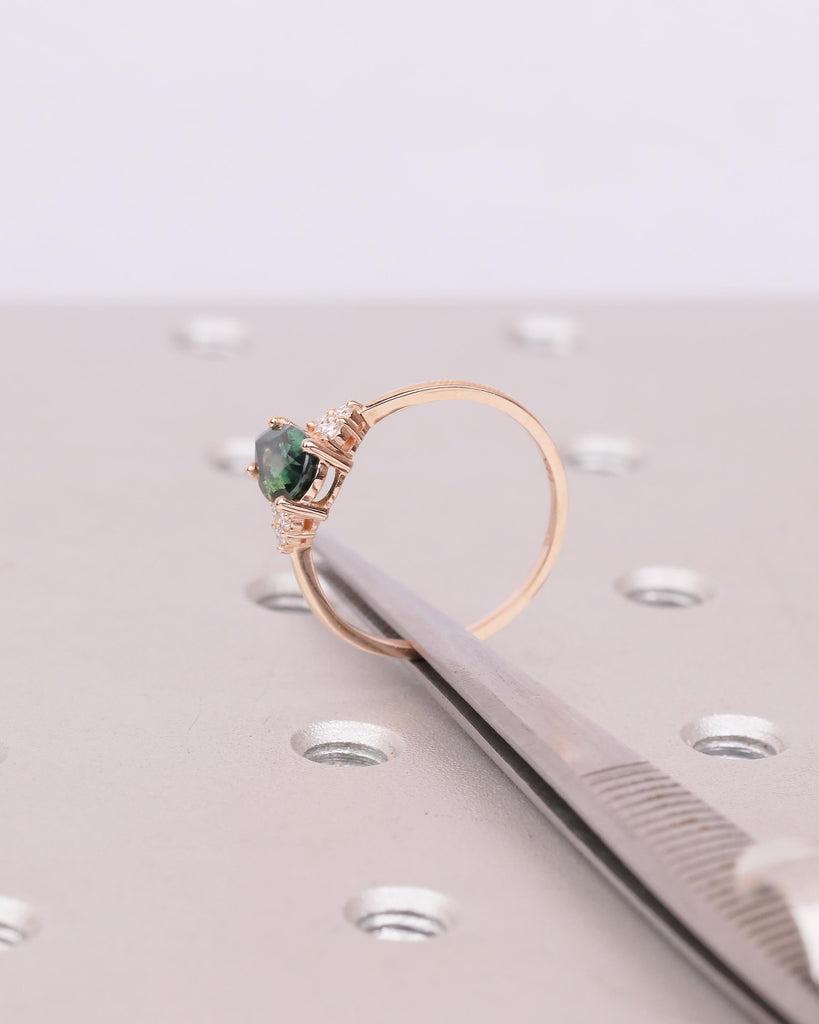Vintage 14k Rose Gold Blue Green Sapphire Ring, Pear Shaped Engagement Ring image #14