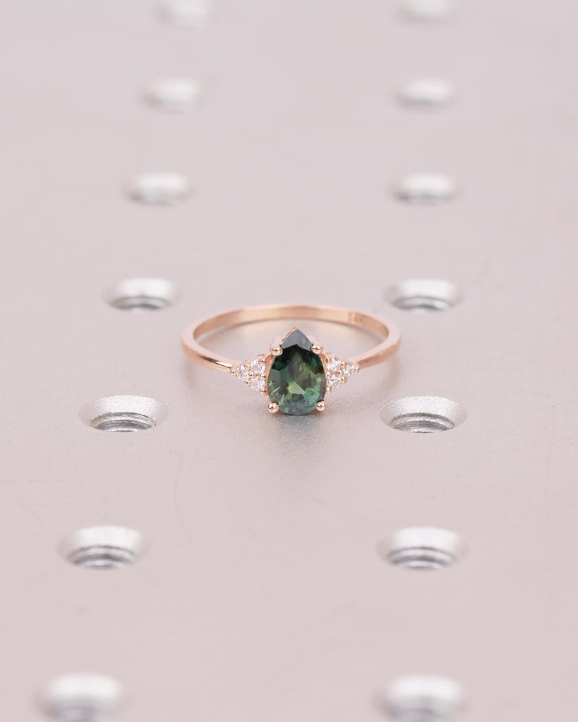 Vintage 14k Rose Gold Blue Green Sapphire Ring, Pear Shaped Engagement Ring image #16