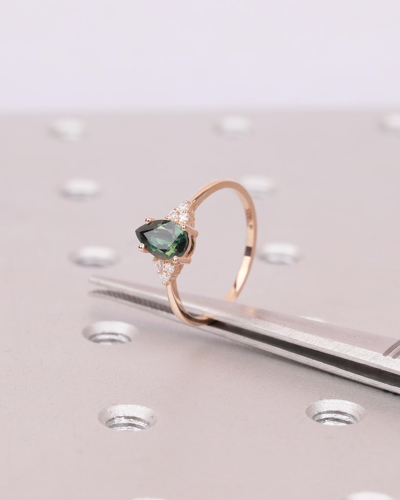 Art Deco Peacock Sapphire Engagement Ring, Pear Cut Rose Gold Promise Ring for Her, September Birthstone Jewelry, Diamond Cluster Rings image #1