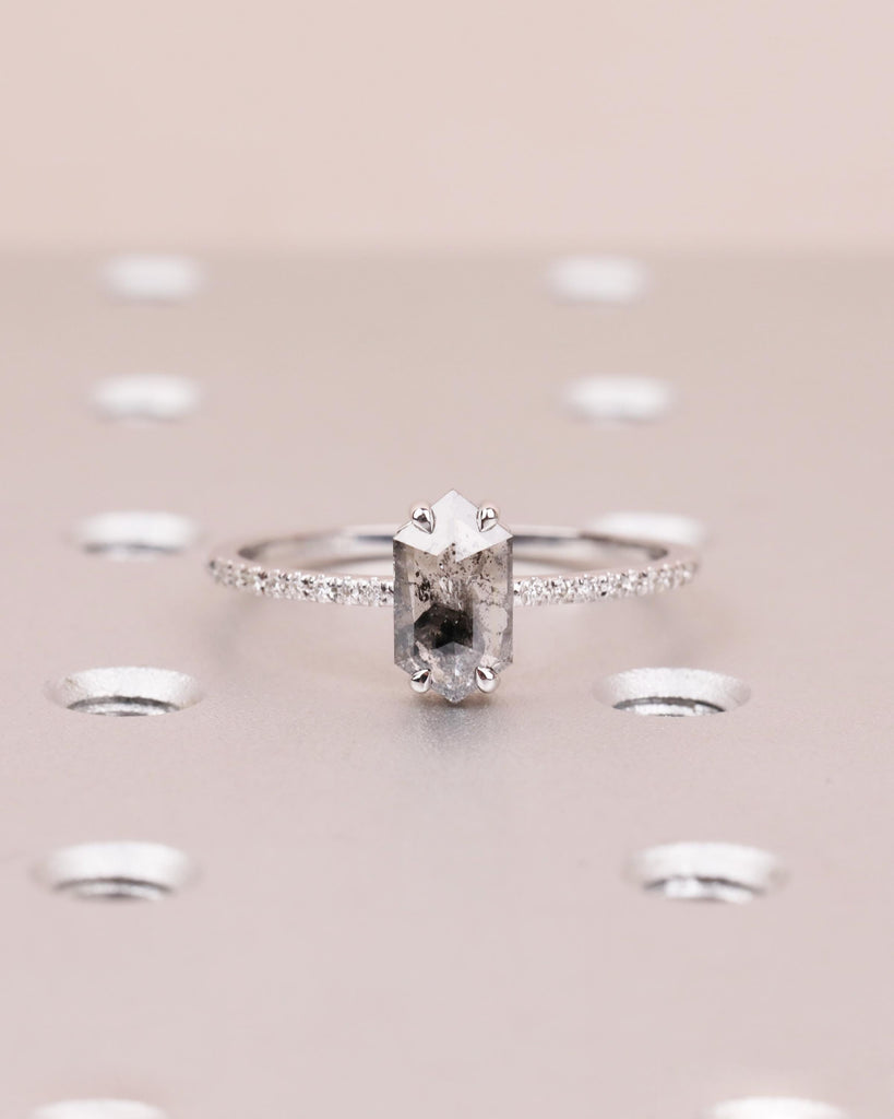 Vintage 1920's Salt and Pepper Diamond Hexagon Engagement Ring | 14k Yellow, Rose or White Gold | Dainty Pave Ring | Unique Engagement Ring