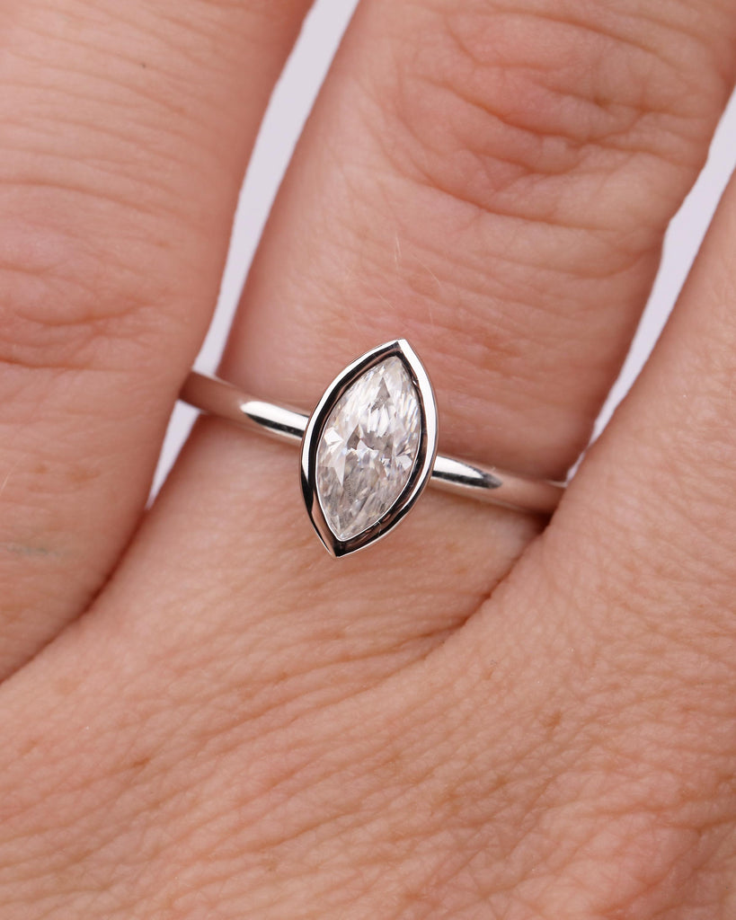 Marquise Moissanite Engagement Ring, Solitaire White Gold Ring, Dainty Promise Rings for Women, Unique Bezel Setting Ring, Bridal Jewelry image #20