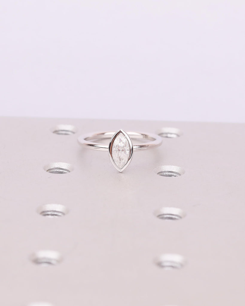 Marquise Moissanite Engagement Ring, Solitaire White Gold Ring, Dainty Promise Rings for Women, Unique Bezel Setting Ring, Bridal Jewelry image #3