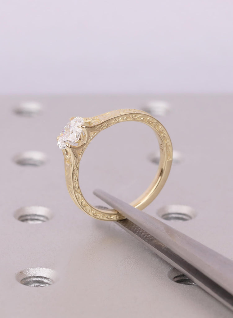 Oval Moissanite Engagement Ring, 14k Yellow Gold East West Art Deco Solitaire Women's Ring, Anniversary Gift For Her, Travel Ring For Women