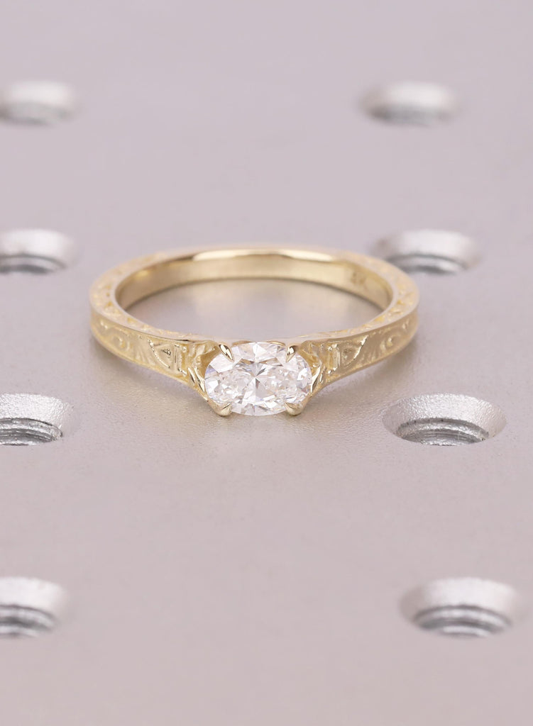 Oval Lab Diamond Engagement Ring, East West Setting, Filigree 14K Yellow Gold, Art Deco