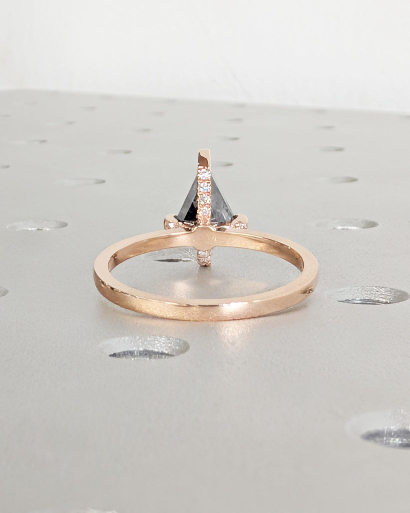 Vintage Kite Cut Salt and Pepper Diamond Engagement Ring: 14k Rose Gold, Hidden Diamonds on Prongs, Art Deco Galaxy Diamond Ring image #4