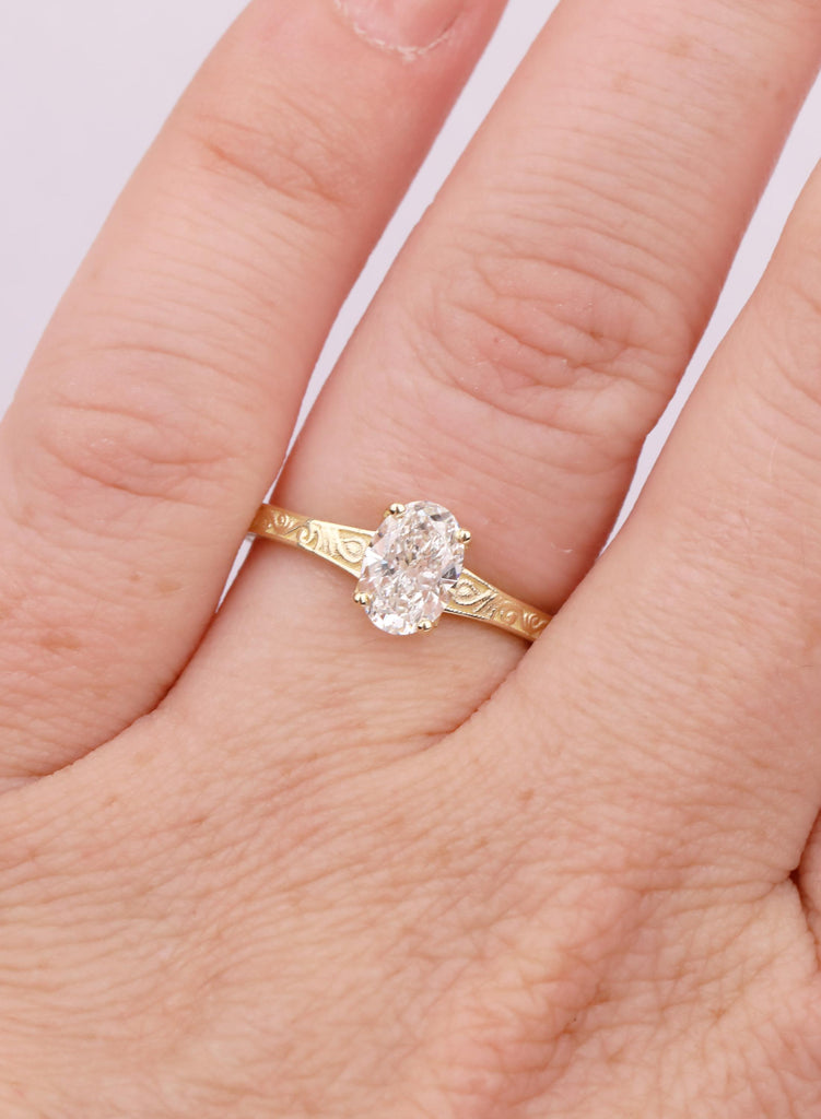 Oval Moissanite Engagement Ring, 14k Solid Gold Art Deco Filigree Band