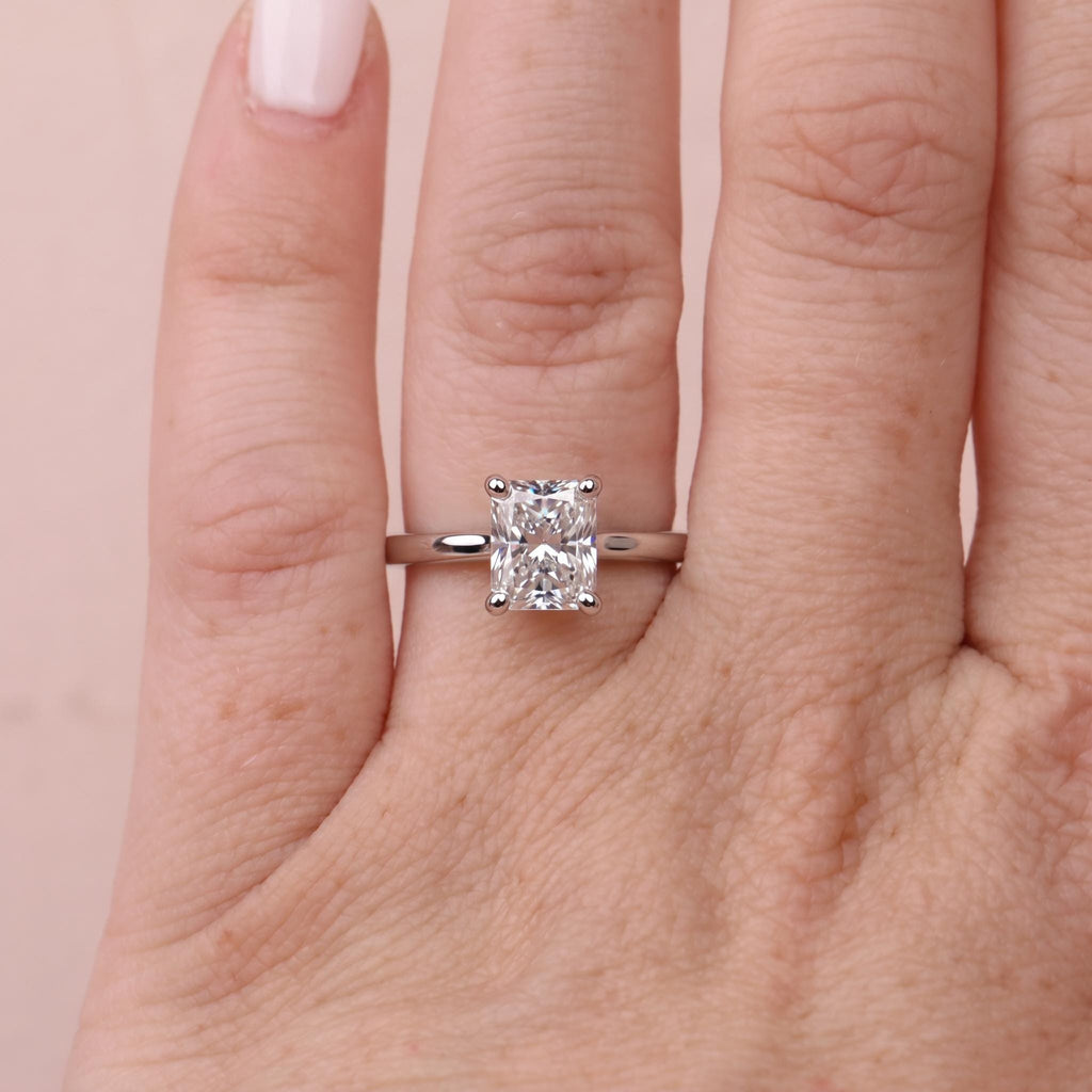 Moissanite Solitaire Engagement Rings for Women | Radiant cut Platinum Ring | Simple Promise Ring Anniversary Gift