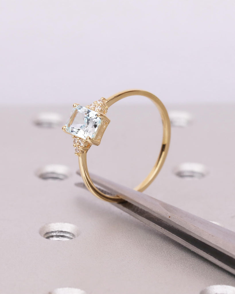 Aquamarine Ring, Radiant Cut Engagement Ring, Moissanite or Diamond Cluster Ring, Blue Gemstone Ring, March Birthstone, 18k Gold, Art Deco image #9