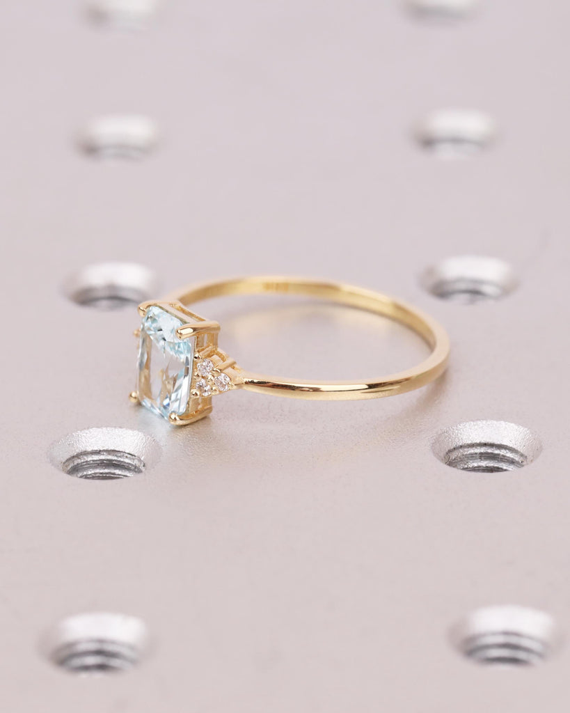 Aquamarine Ring, Radiant Cut Engagement Ring, Moissanite or Diamond Cluster Ring, Blue Gemstone Ring, March Birthstone, 18k Gold, Art Deco image #4