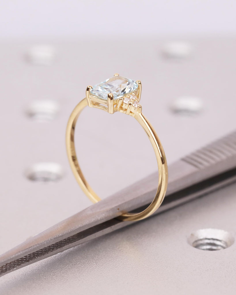 Aquamarine Ring, Radiant Cut Engagement Ring, Moissanite or Diamond Cluster Ring, Blue Gemstone Ring, March Birthstone, 18k Gold, Art Deco image #10