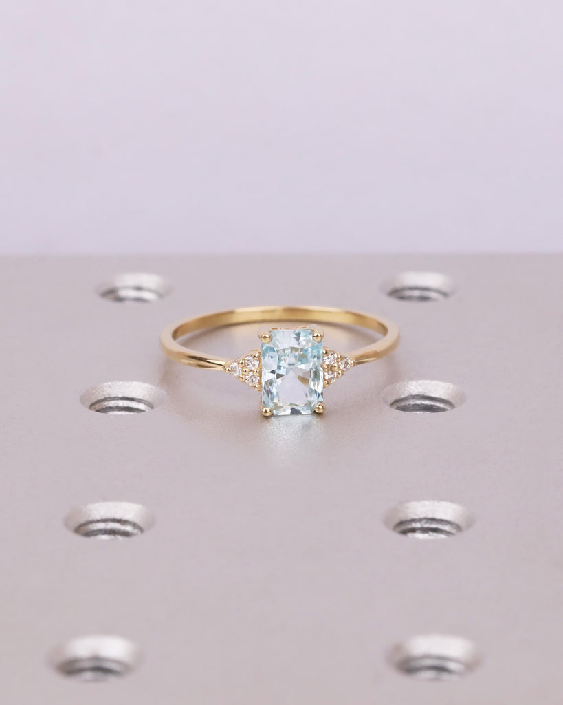 Aquamarine Ring, Radiant Cut Engagement Ring, Moissanite or Diamond Cluster Ring, Blue Gemstone Ring, March Birthstone, 18k Gold, Art Deco