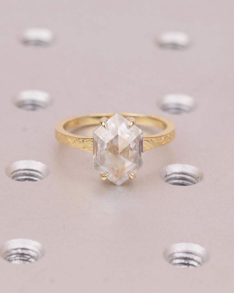 Moissanite Hexagon Ring, Solitaire Engagement Ring, Vintage Scrollwork Band, Antique Inspired Wedding Rings, Art Deco Anniversary Jewelry