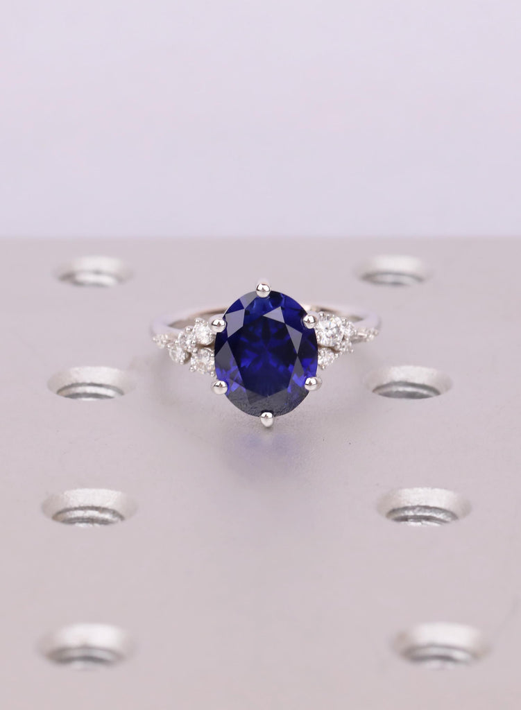 Lab Created Blue Sapphire Oval Cut Prong Setting Snowdrift Diamond Cluster Engagement Weeding Anniversary Promise Ring Jewelry Gift For Her image #3