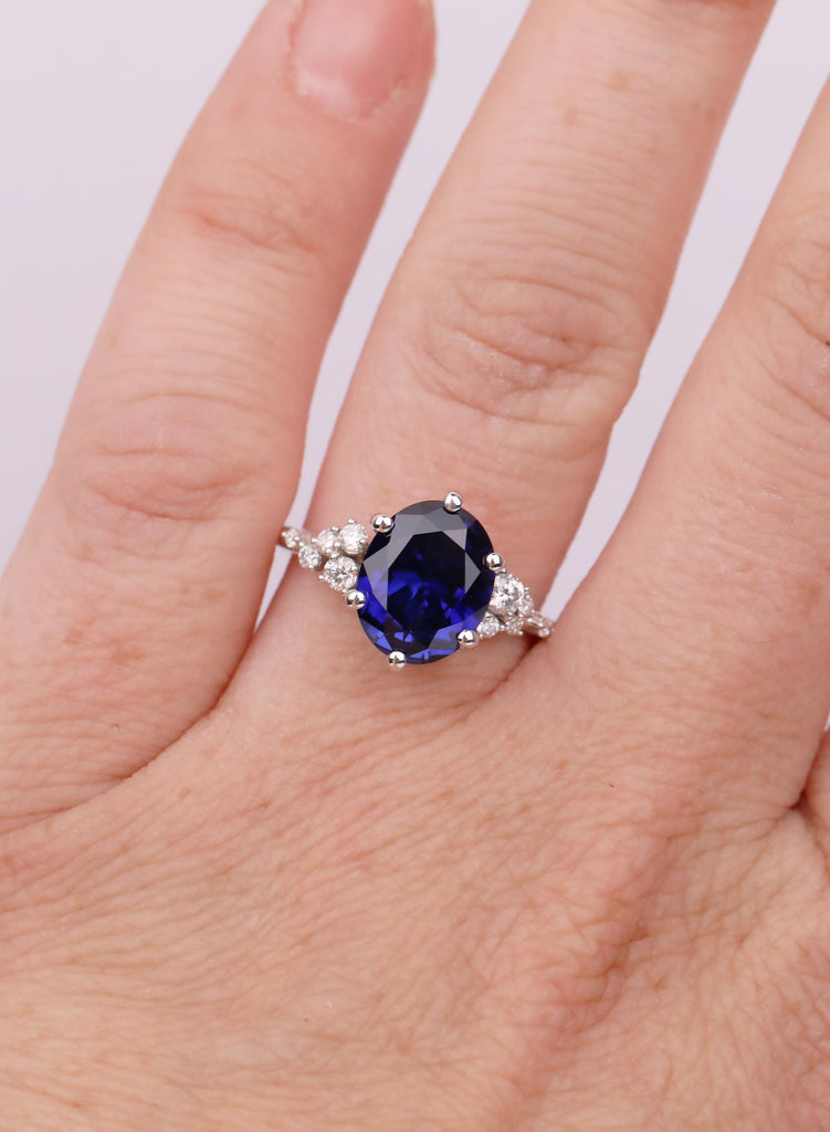 Lab Created Blue Sapphire Oval Cut Prong Setting Snowdrift Diamond Cluster Engagement Weeding Anniversary Promise Ring Jewelry Gift For Her