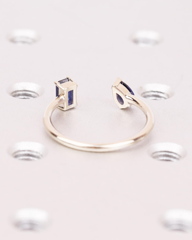 Solid Gold Blue Sapphire Open Ring, Toi et Moi Engagement Ring, Pear & Emerald Cut Two Stone Ring, September Birthstone Promise Ring for Her image #11